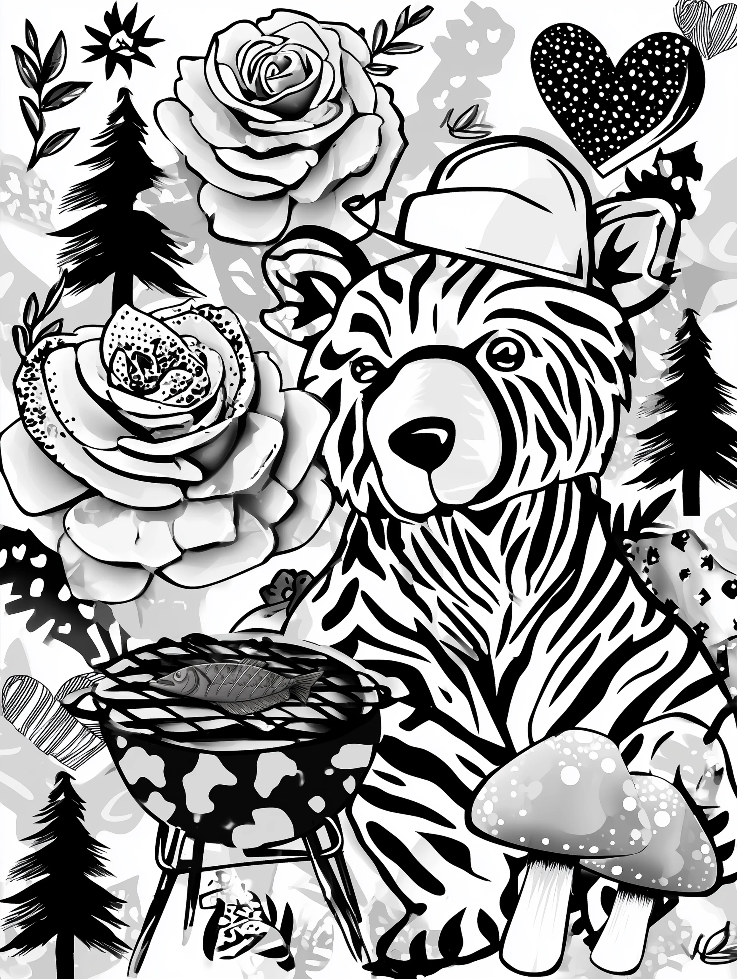 Free printable bear coloring book page featuring a bear cooking fish at a barbecue